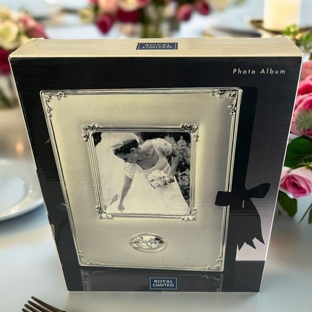 Royal Limited Wedding Album Keepsake Box Silver Tone Cherry Wood Bridal Gift NIB